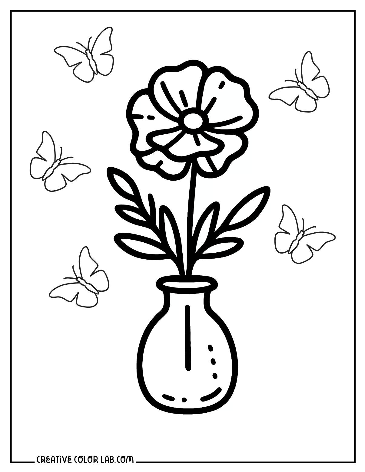 Easy poppy flower coloring page with butterflies for preschool.