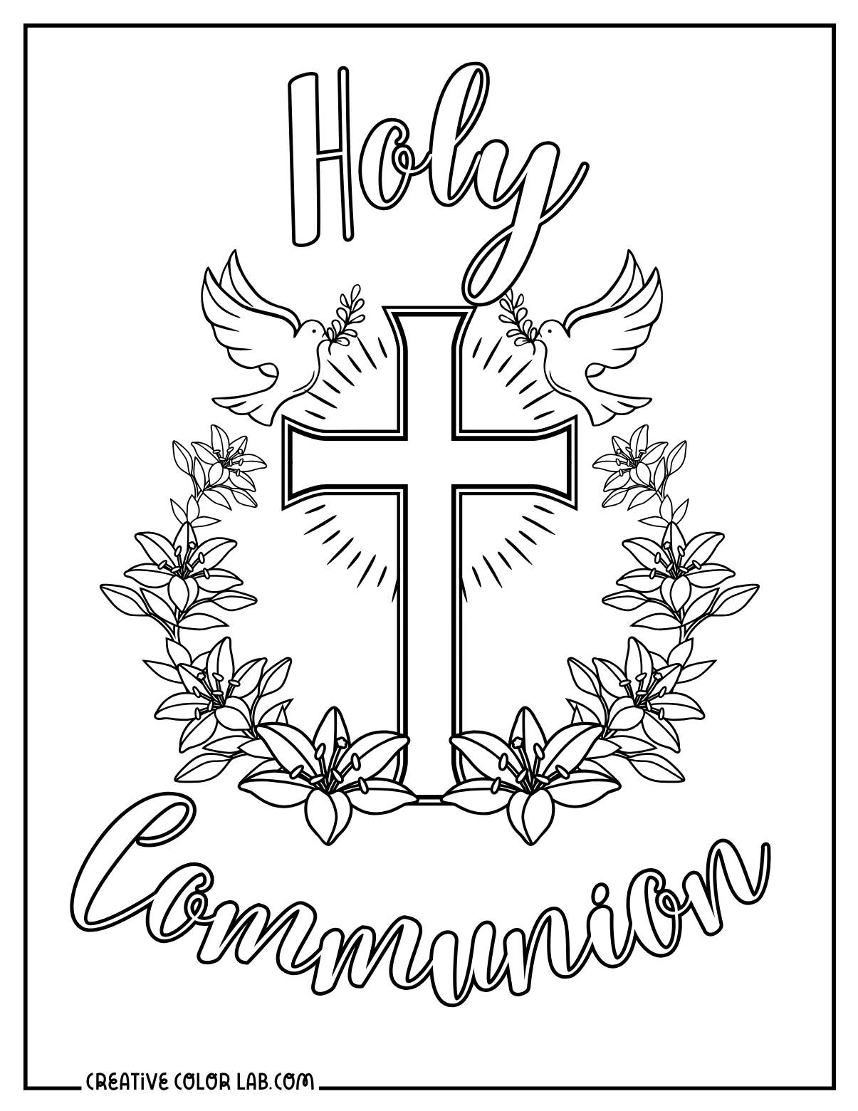 Holy eucharist coloring sheet with two doves, a cross and flowers.