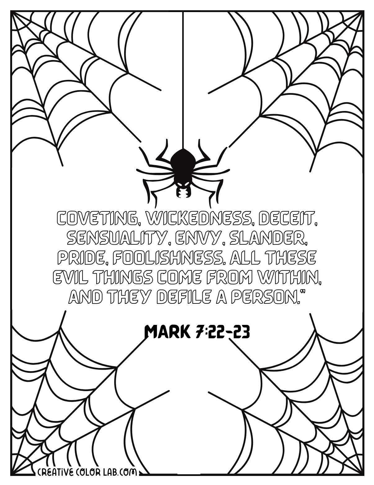 Evil Christian coloring page with Mark 7:22 quote.