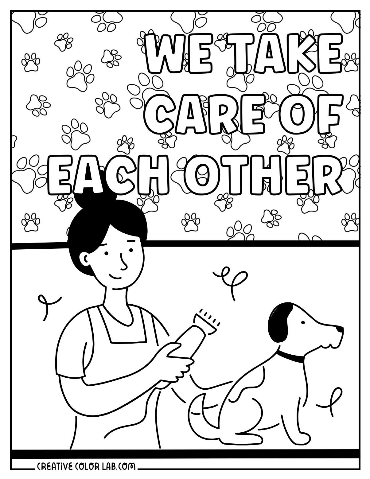 Example of kindness to animals coloring page picture PDF.