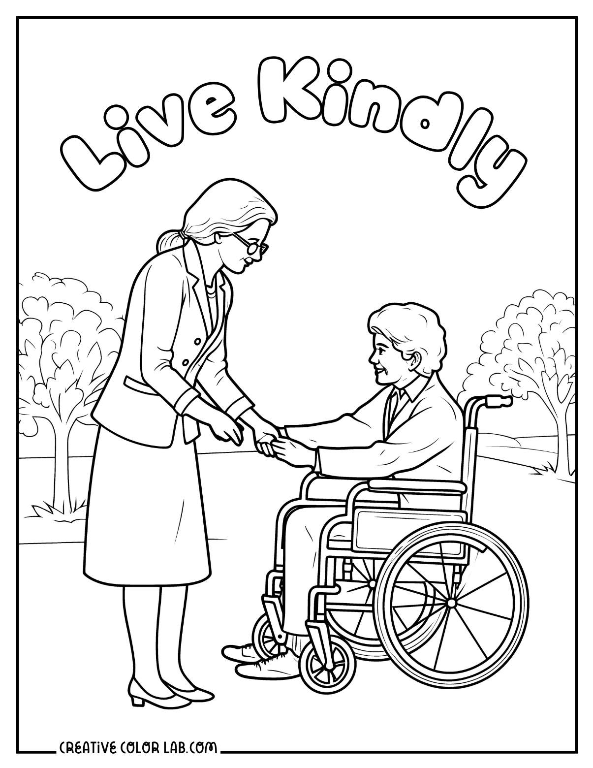 Examples of kindness to elderly coloring page.