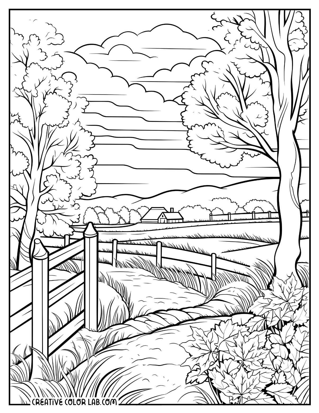 Farm with trees coloring page.