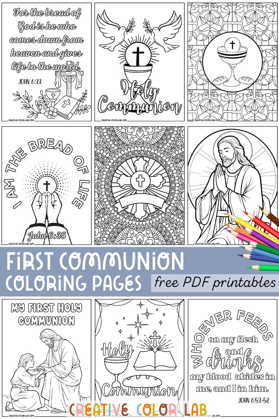 Collection of first communion coloring pages to download.