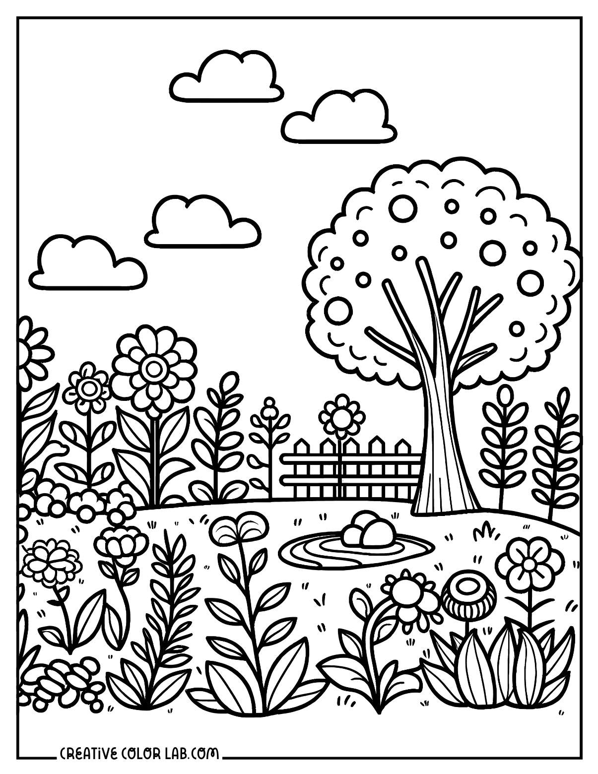 Flower gardens coloring sheet for kids.