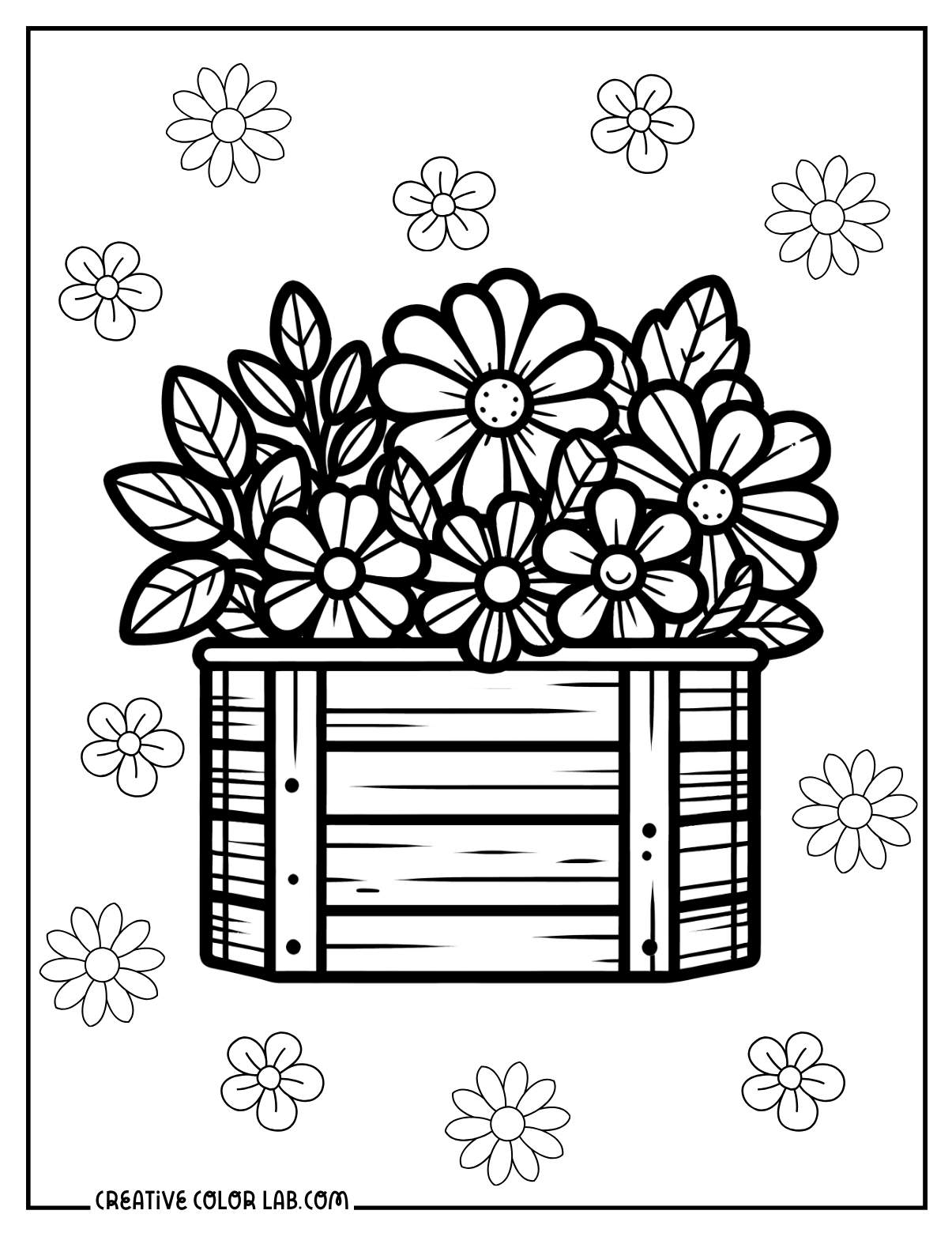 Flowers in a garden box coloring page for kids.