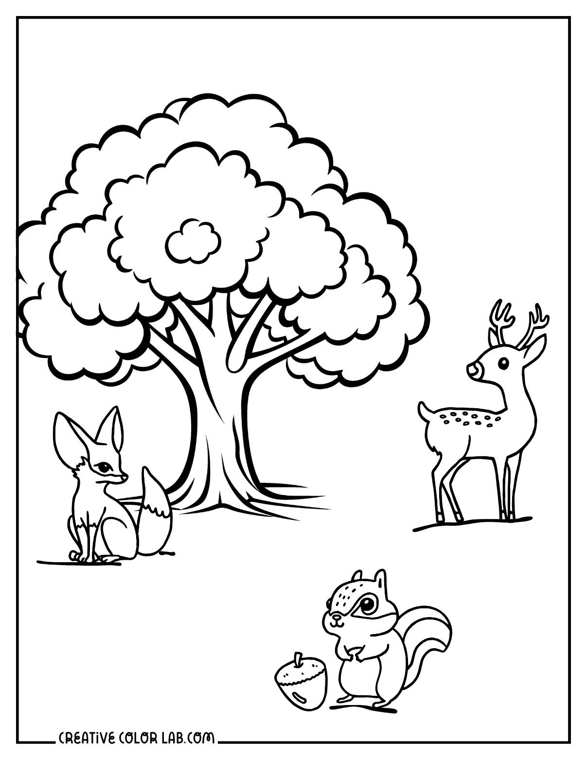Forest animals with tree coloring page.