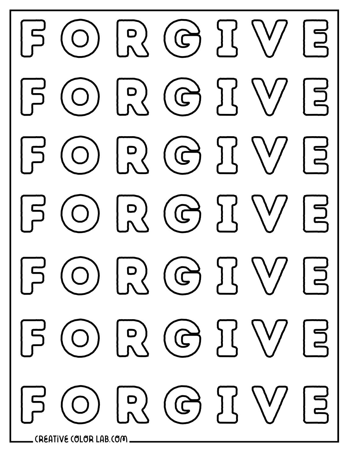 Repeating forgive coloring page PDF.