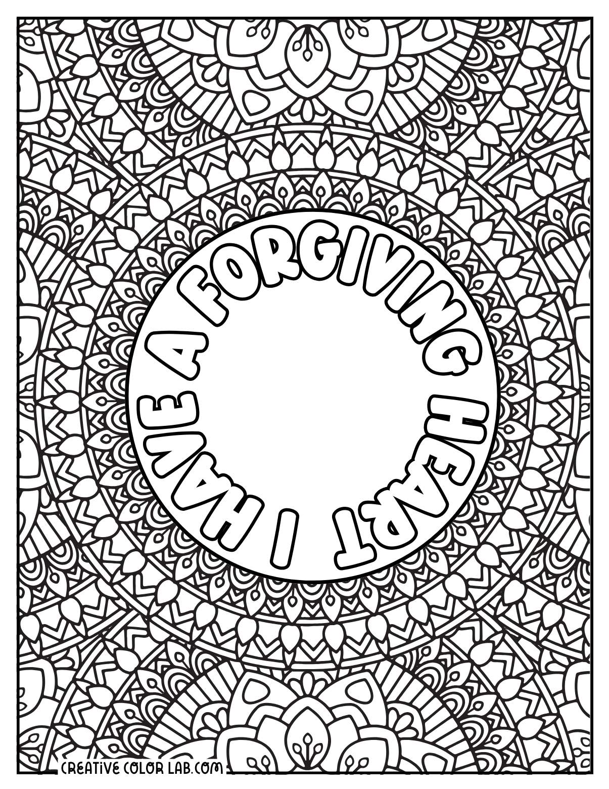 Forgiving heart mandala coloring page for adults.