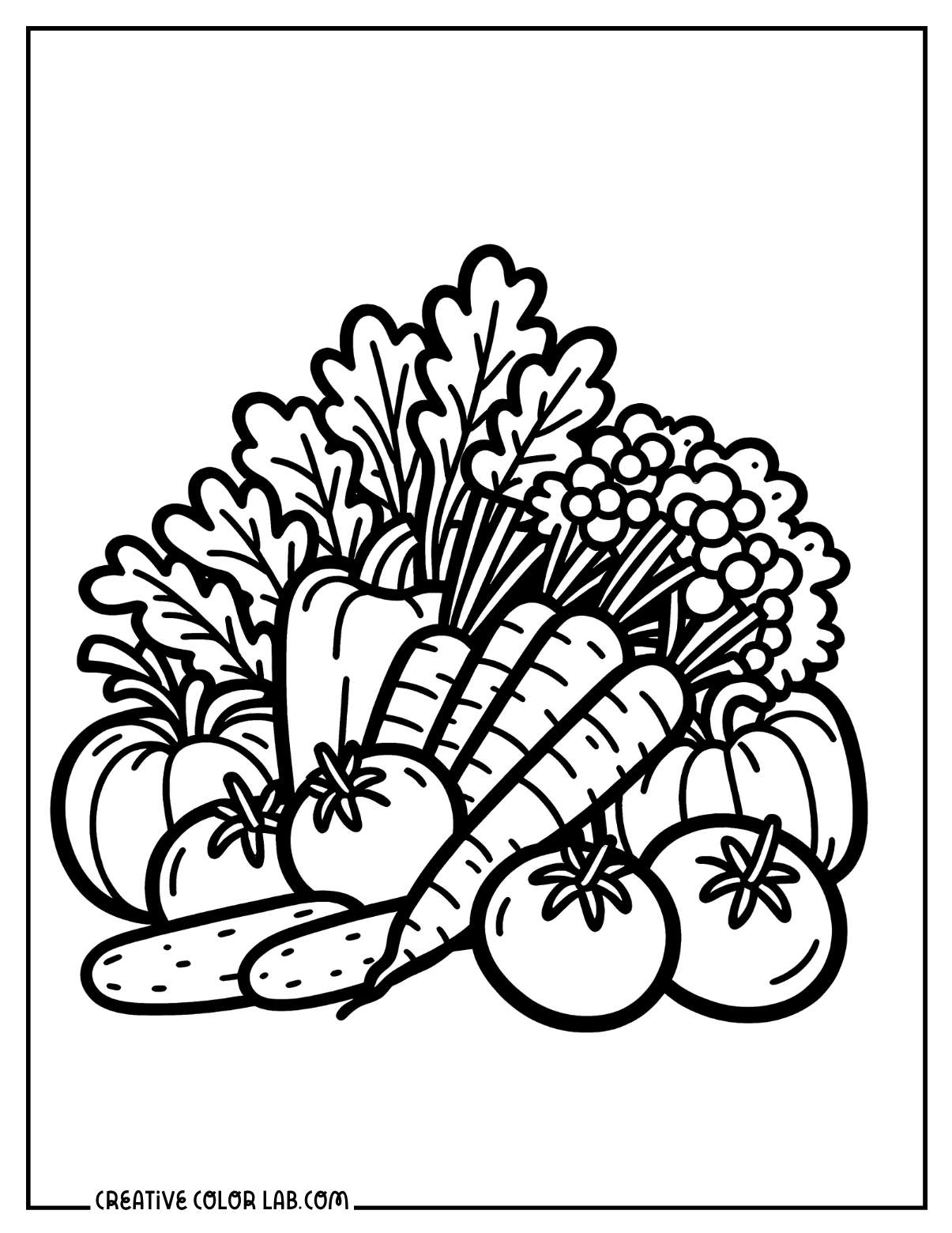 Freshly picked garden vegetables coloring sheet.