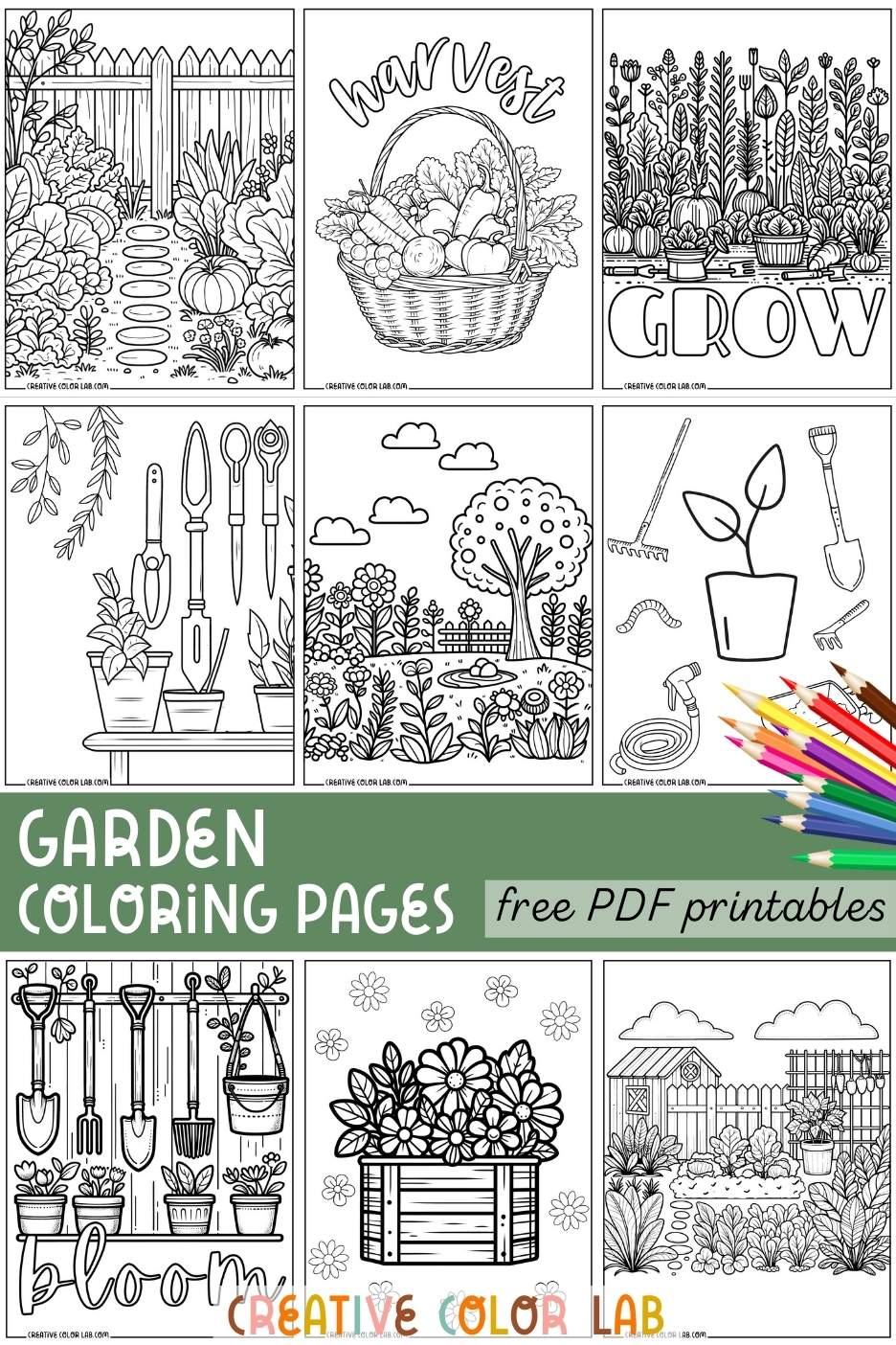 Collection of garden coloring pages PDFs to download.