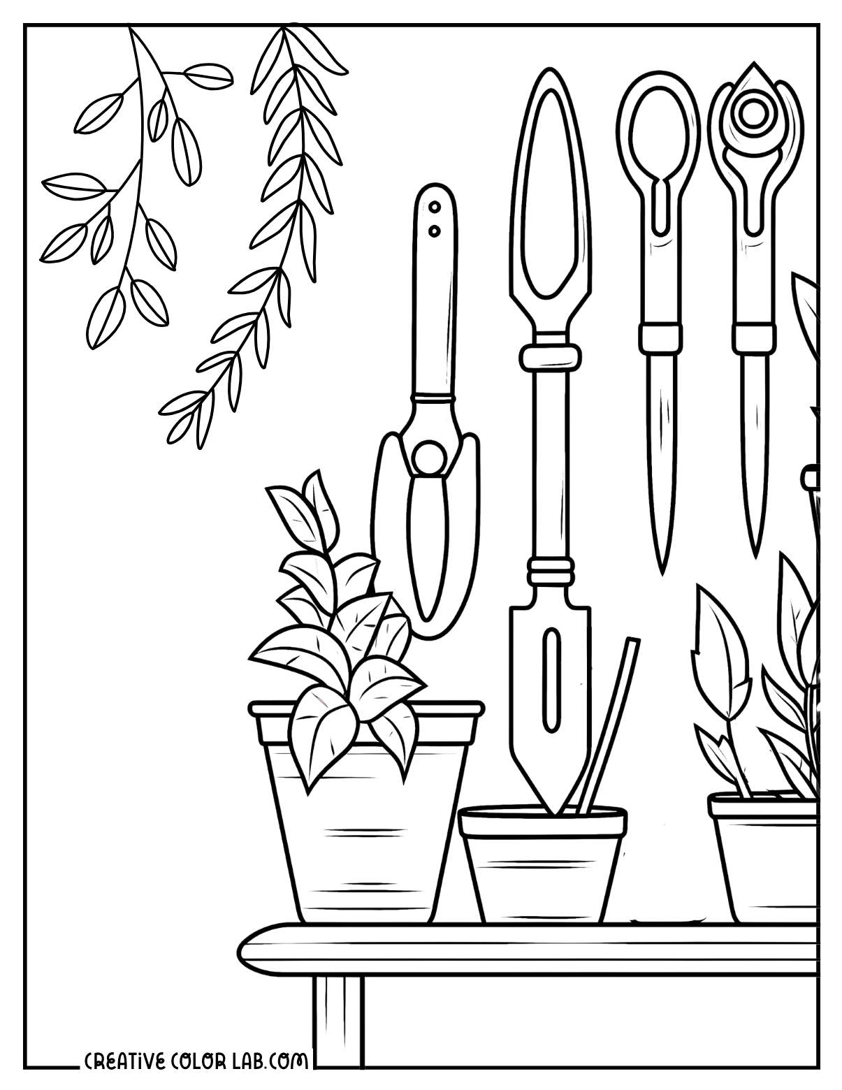 Garden tools coloring page.