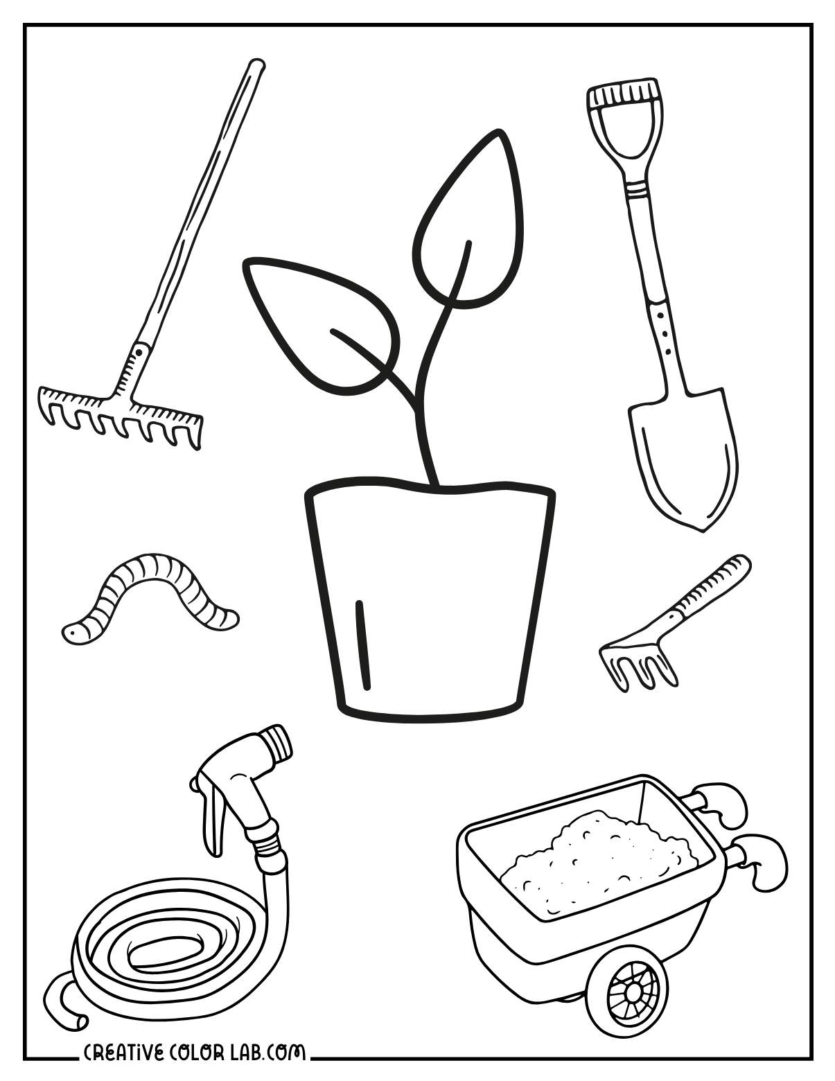 Gardening tools coloring page for preschool.