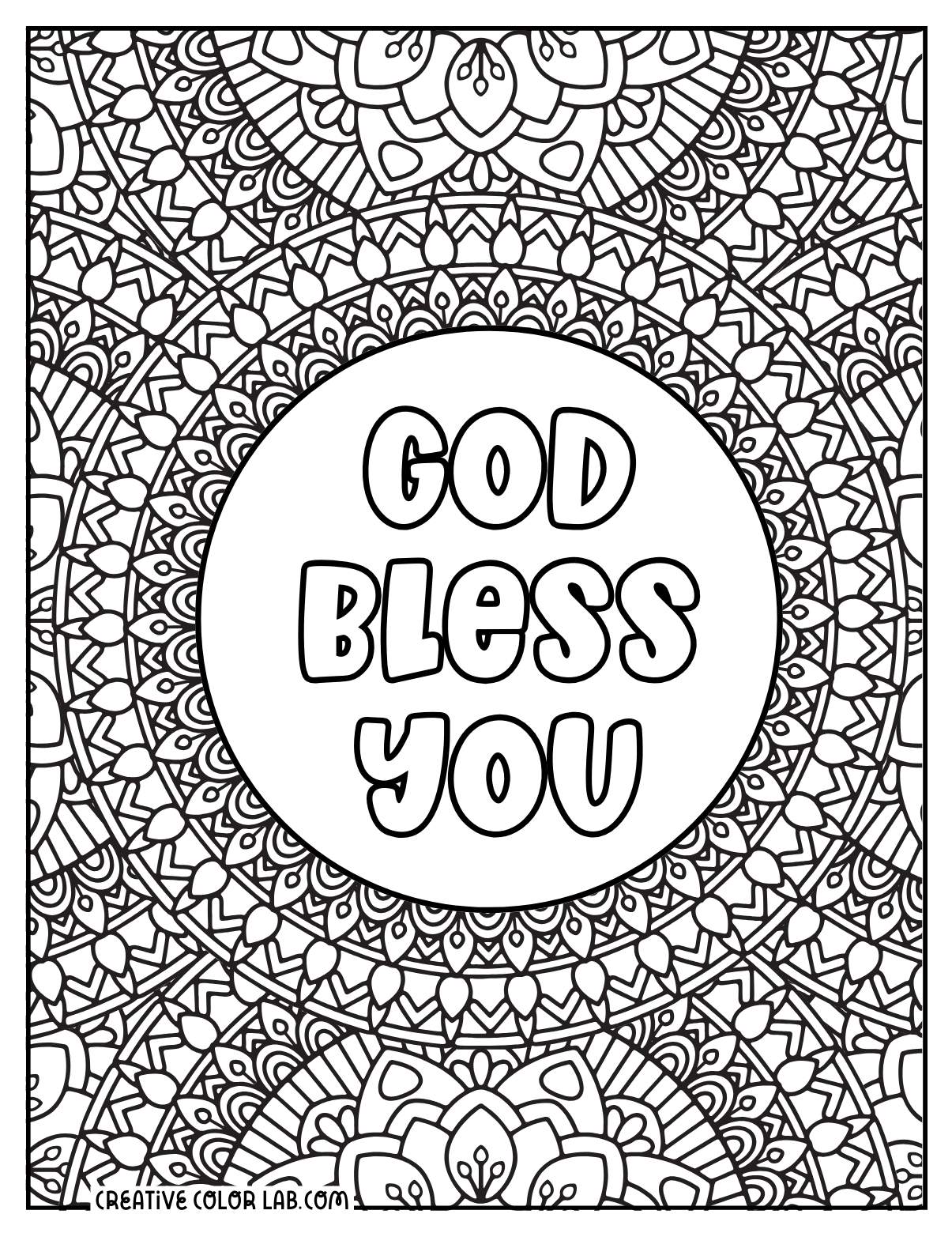 Detailed god bless you mandala coloring page for adults.