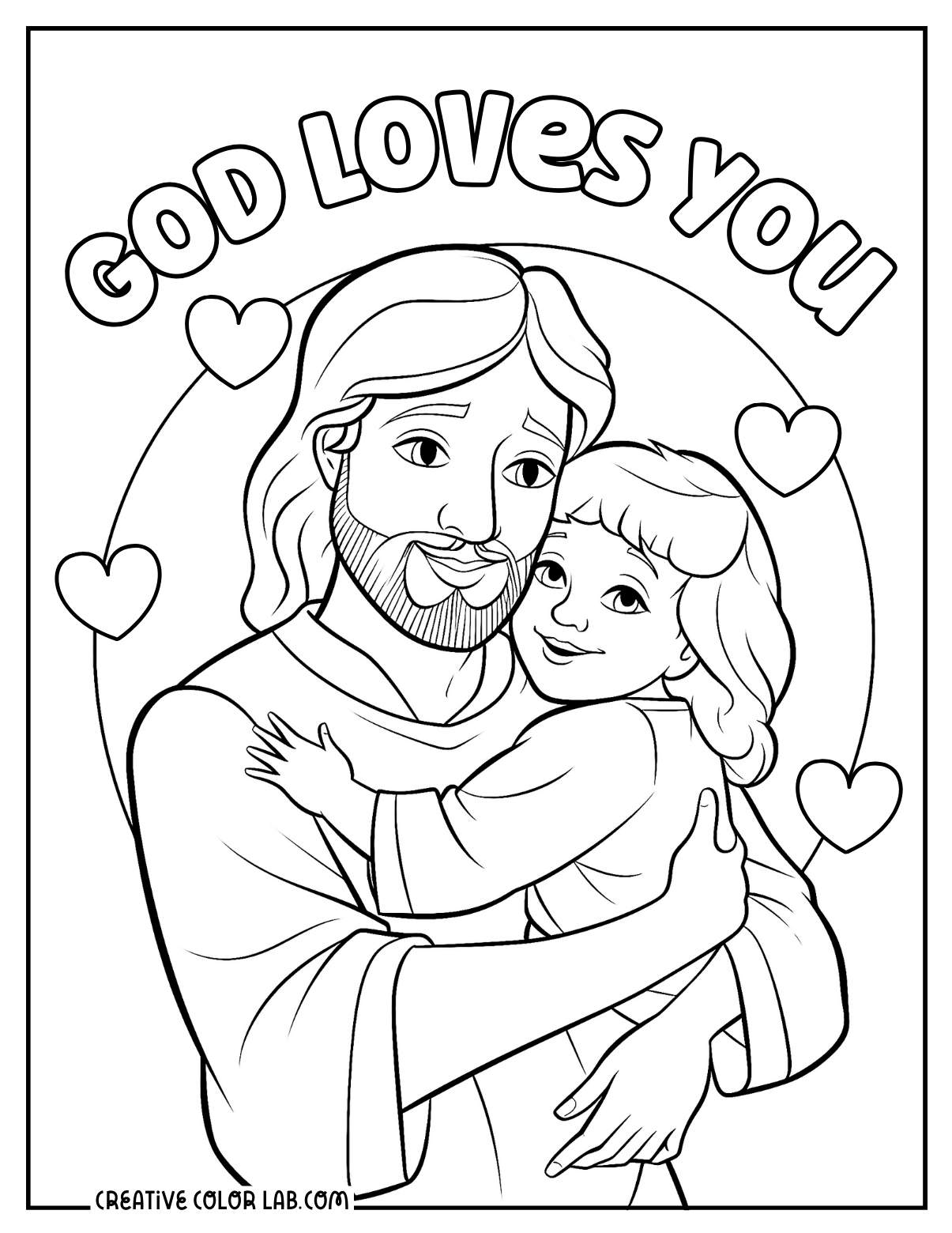 Simple god loves you illustration to color for Sunday school.