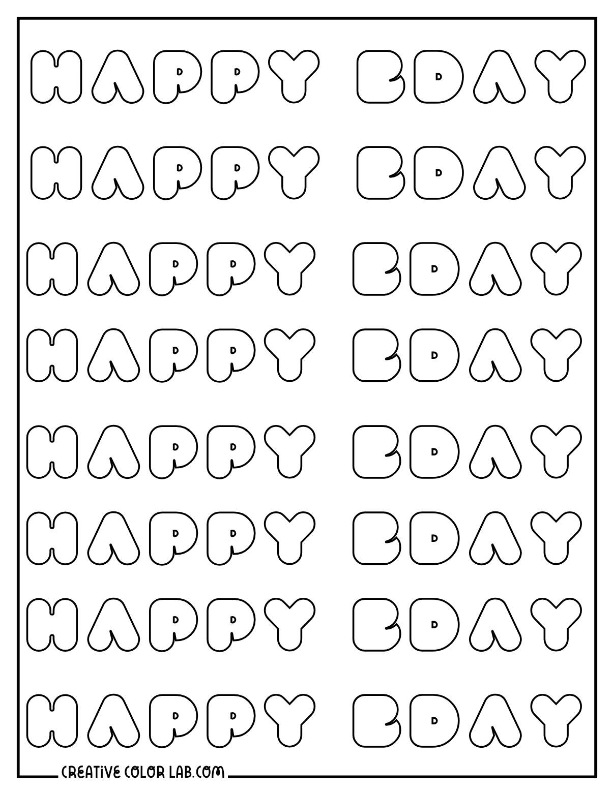 Graphic happy bday coloring page for teens.