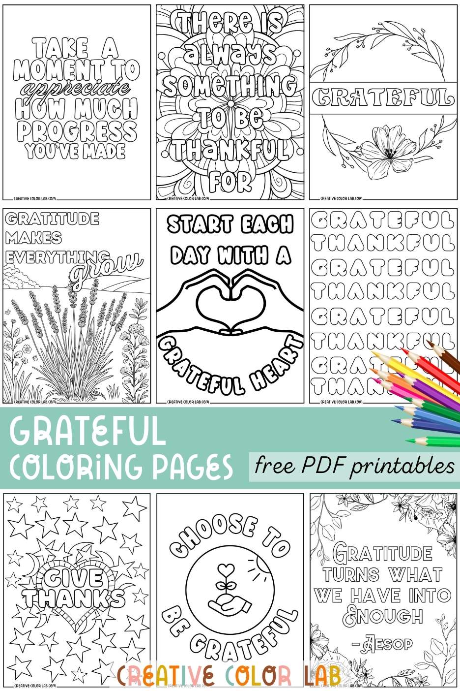 Collection of printable gratitude coloring pages to download.