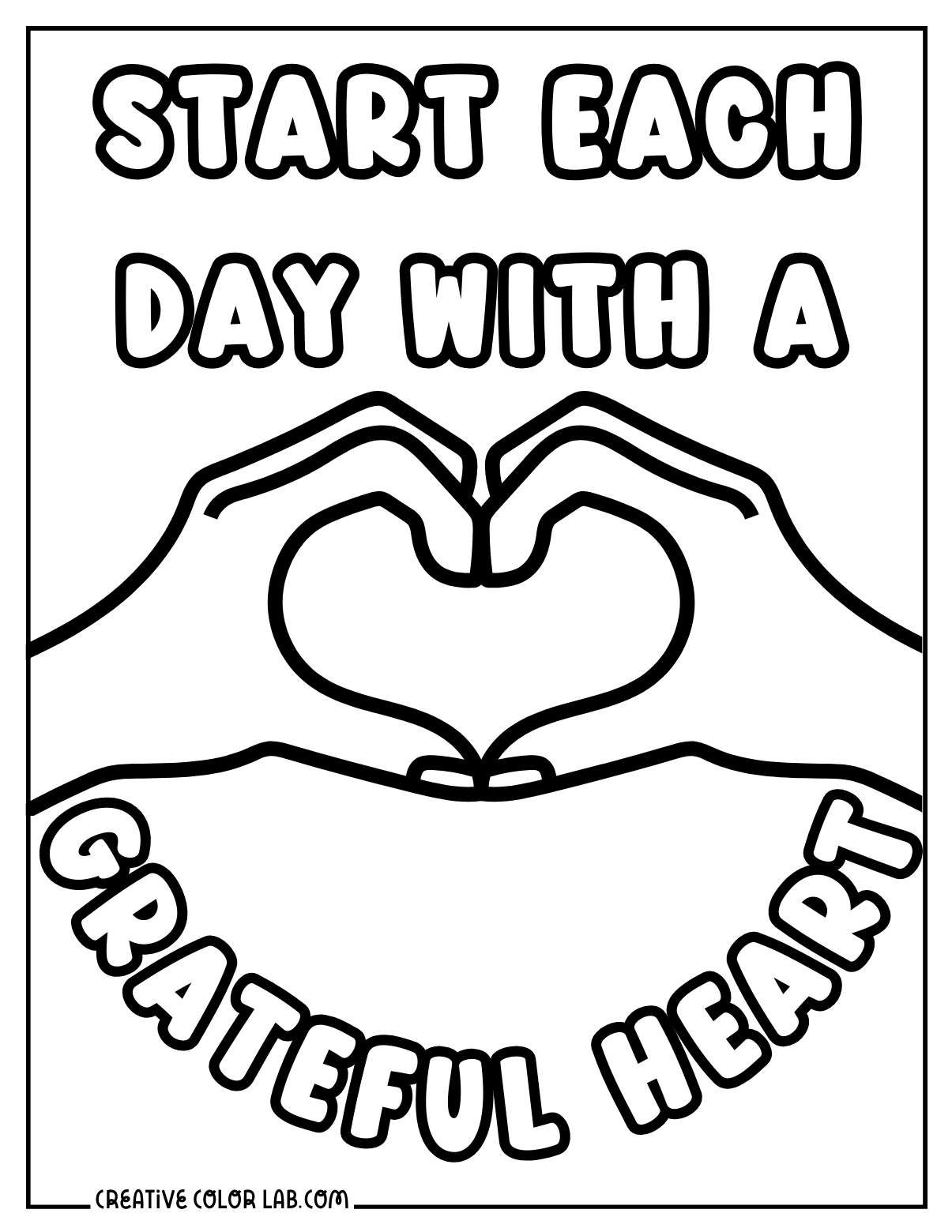 Grateful heart with heart shaped hands coloring page for kids.