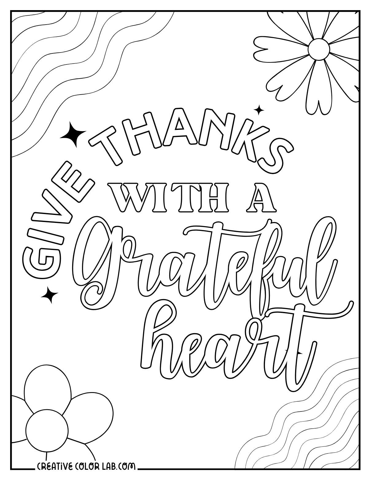 Grateful heart positive affirmation coloring page.