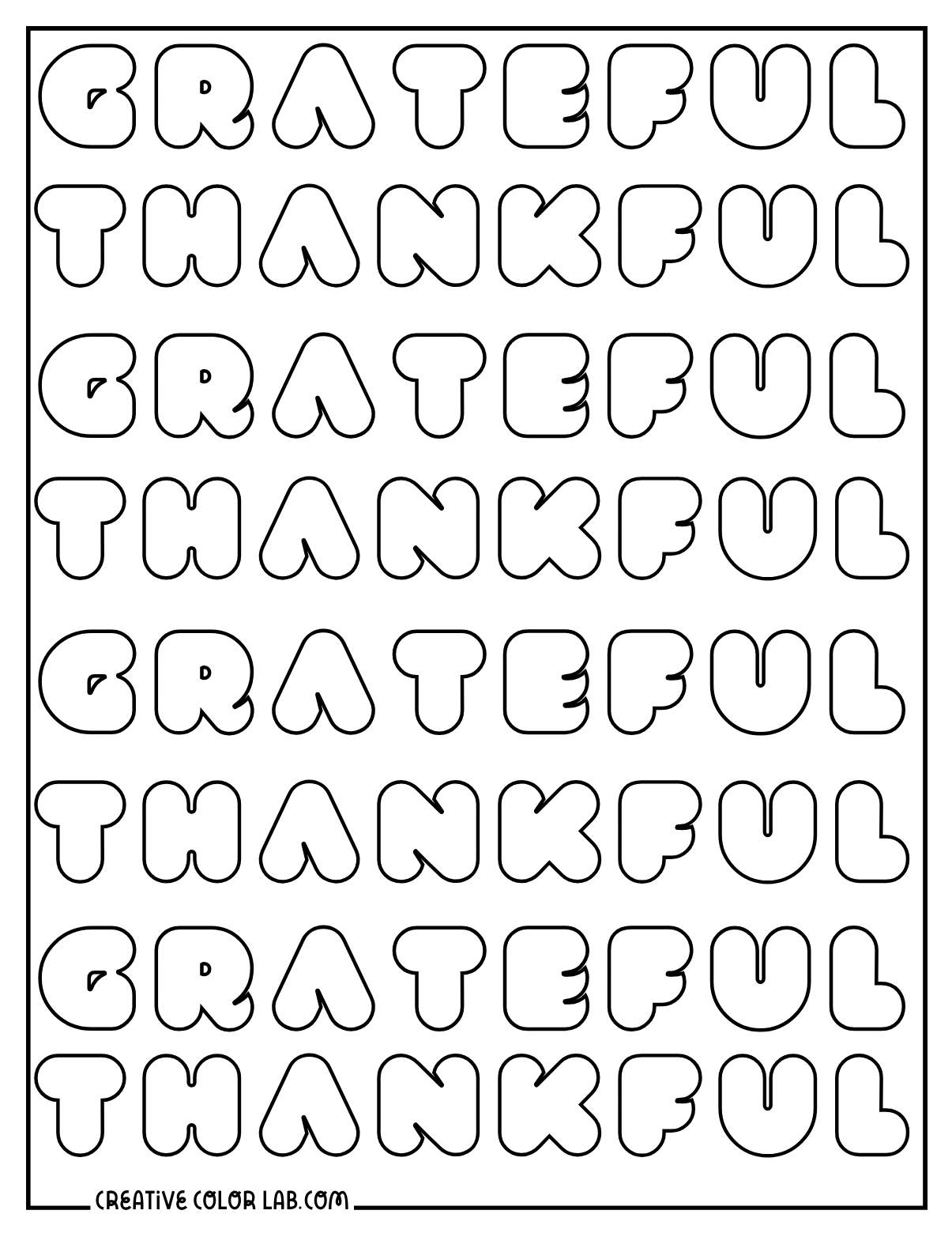 Repeating pattern of grateful and thankful coloring sheet.