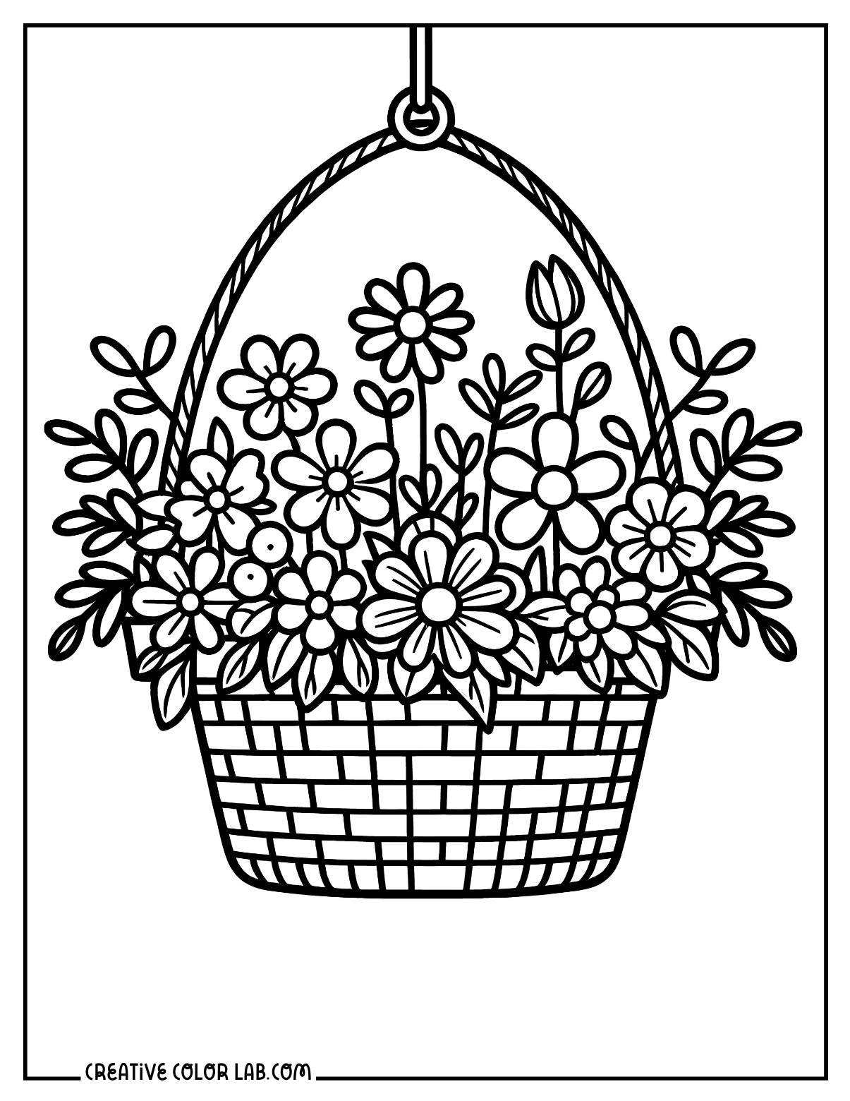 Daisy flowers in a hanging basket coloring sheet.