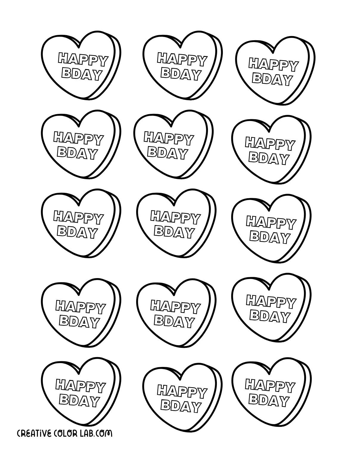 Happy birthday hearts coloring card.