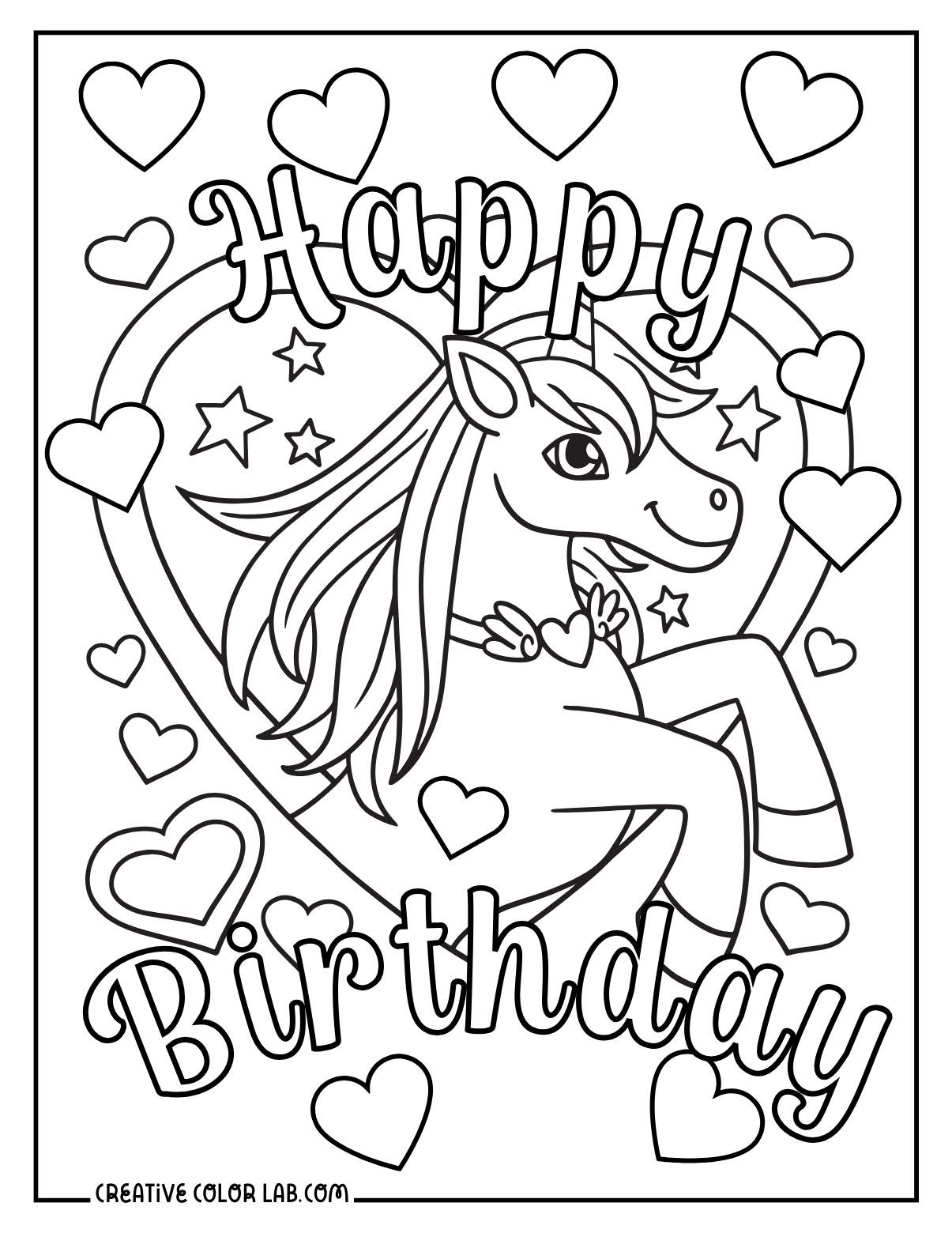 Happy birthday unicorn coloring page.