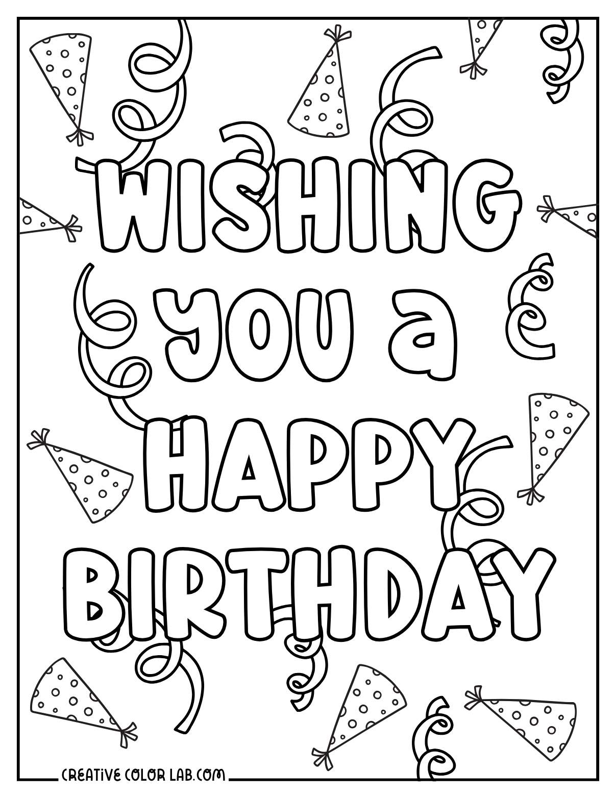 Happy birthday wish coloring page with hats and confetti.