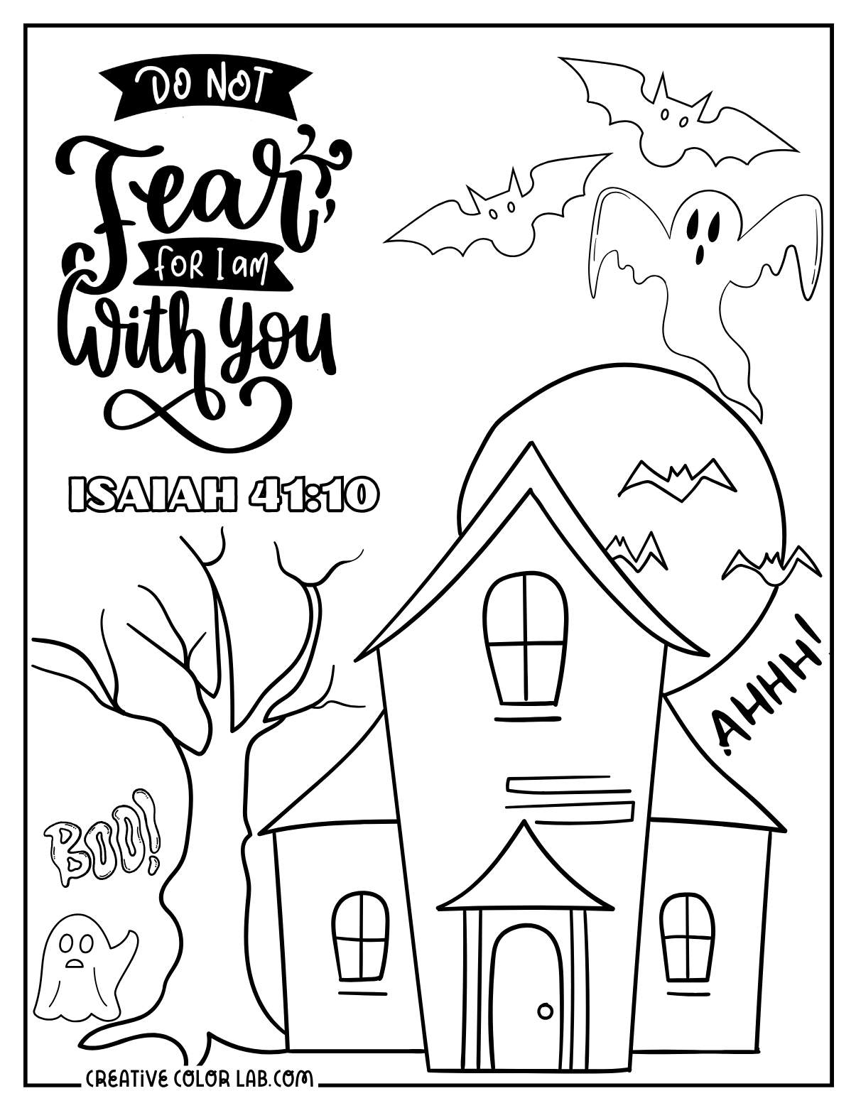 A haunted Christian halloween coloring sheet of Isaiah 41:10.