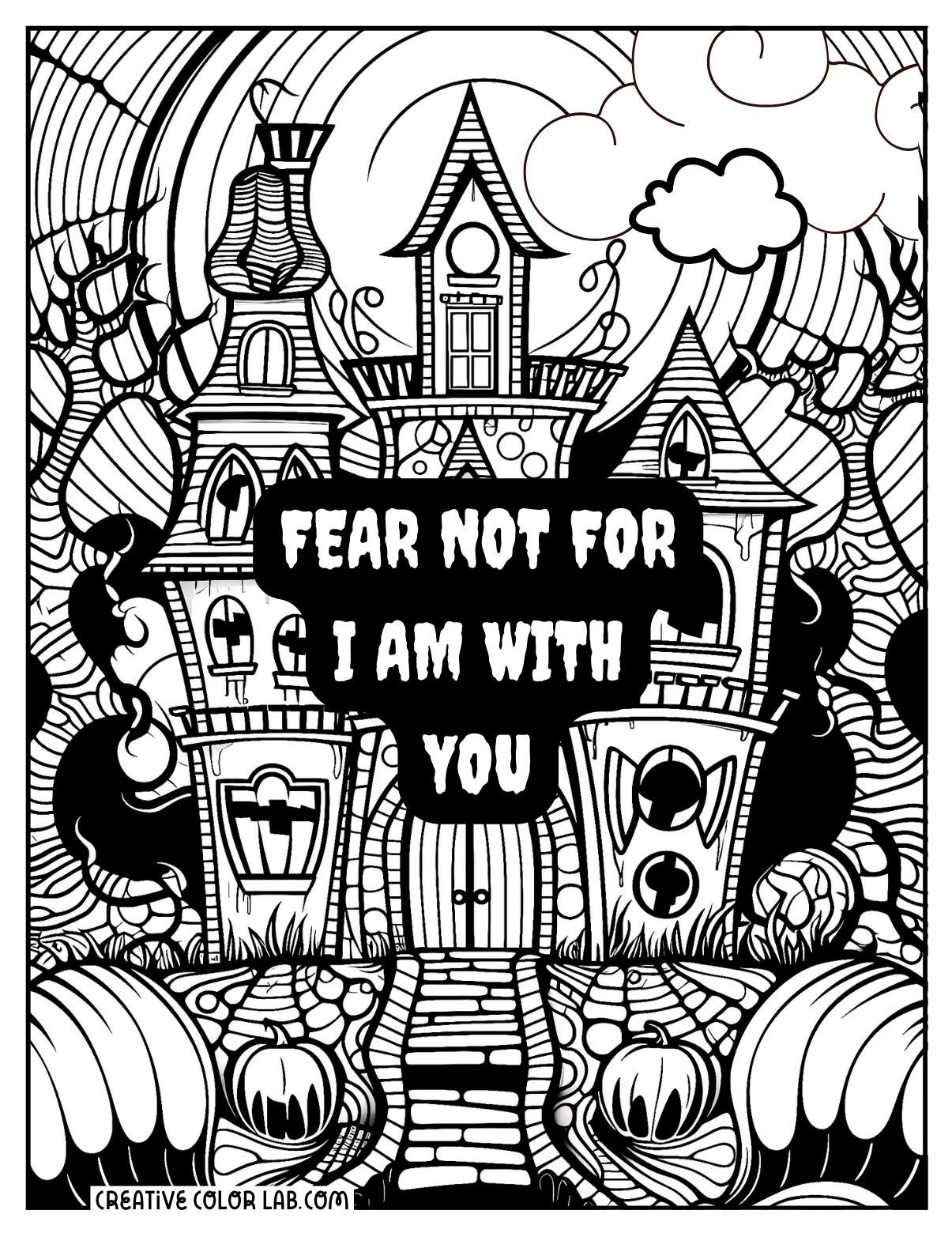 A haunted coloring sheet with Christian quote.