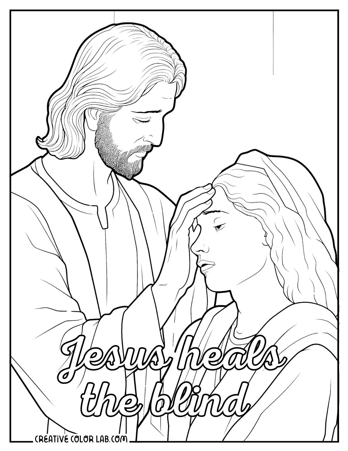 Jesus healing the blind Bartimaeus coloring page.