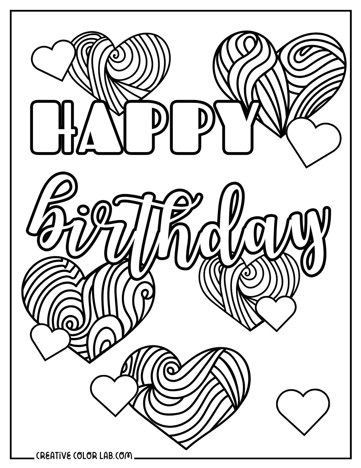 Heart birthday coloring page.