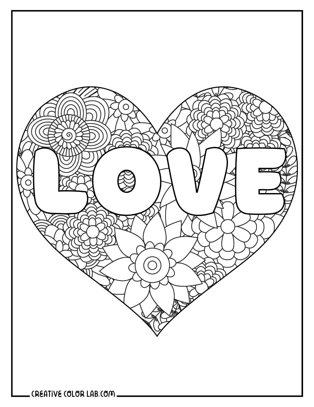 Heart full of flowers coloring page for adults.
