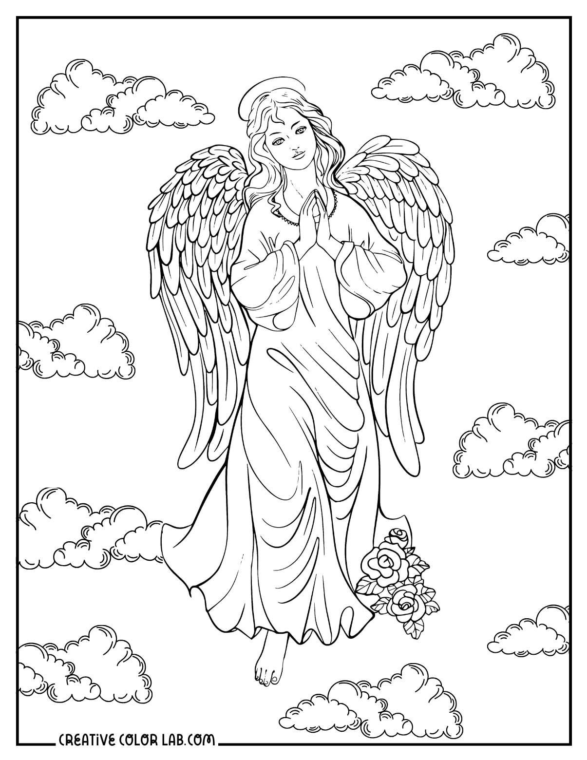 Holy angel with wings coloring page.