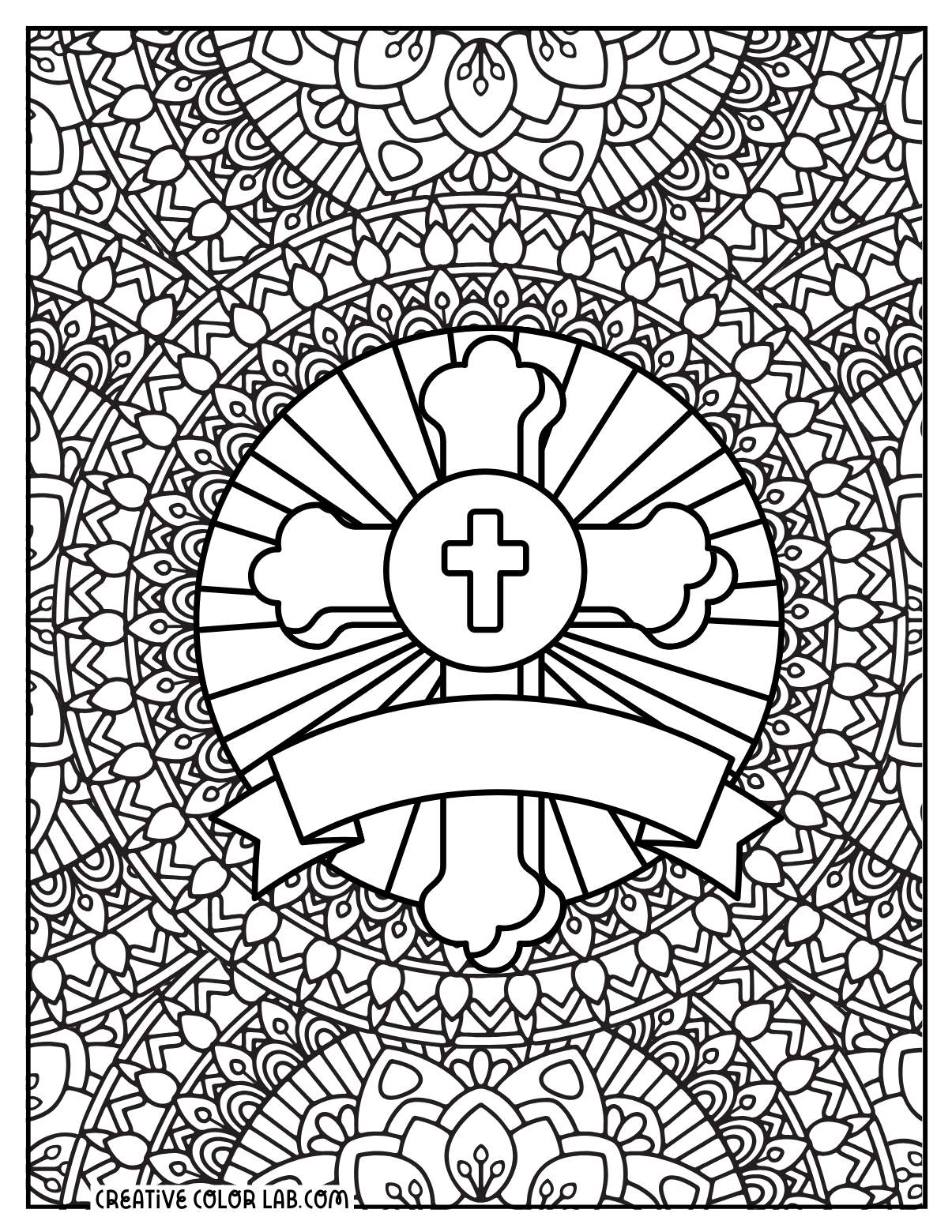 Detailed holy spirit mandala coloring page for adults.