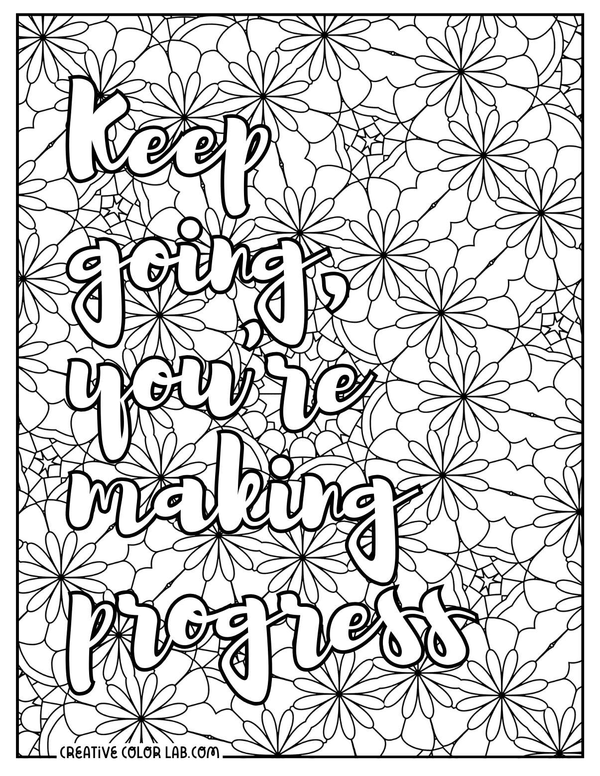Inspirational quote coloring sheet about progress.
