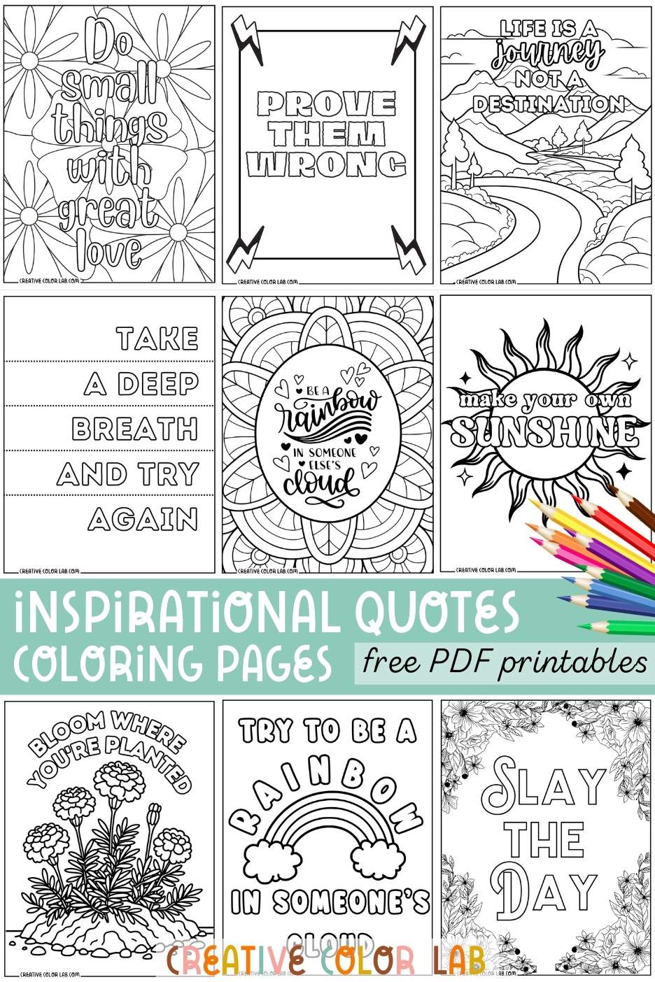 Collection of printable inspirational quotes coloring pages in PDF format.