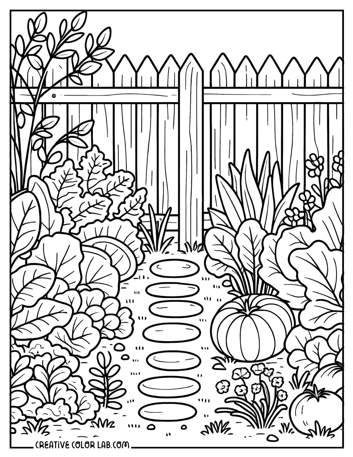 Detailed vegetable garden path coloring sheet.