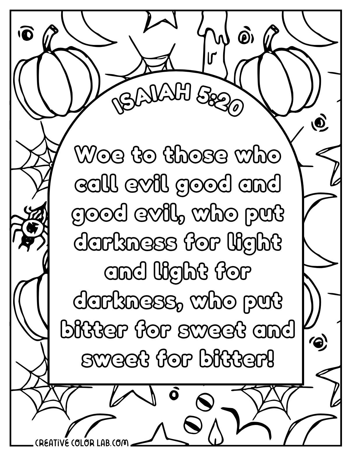 Isaiah 5:20 Christian halloween coloring sheet.