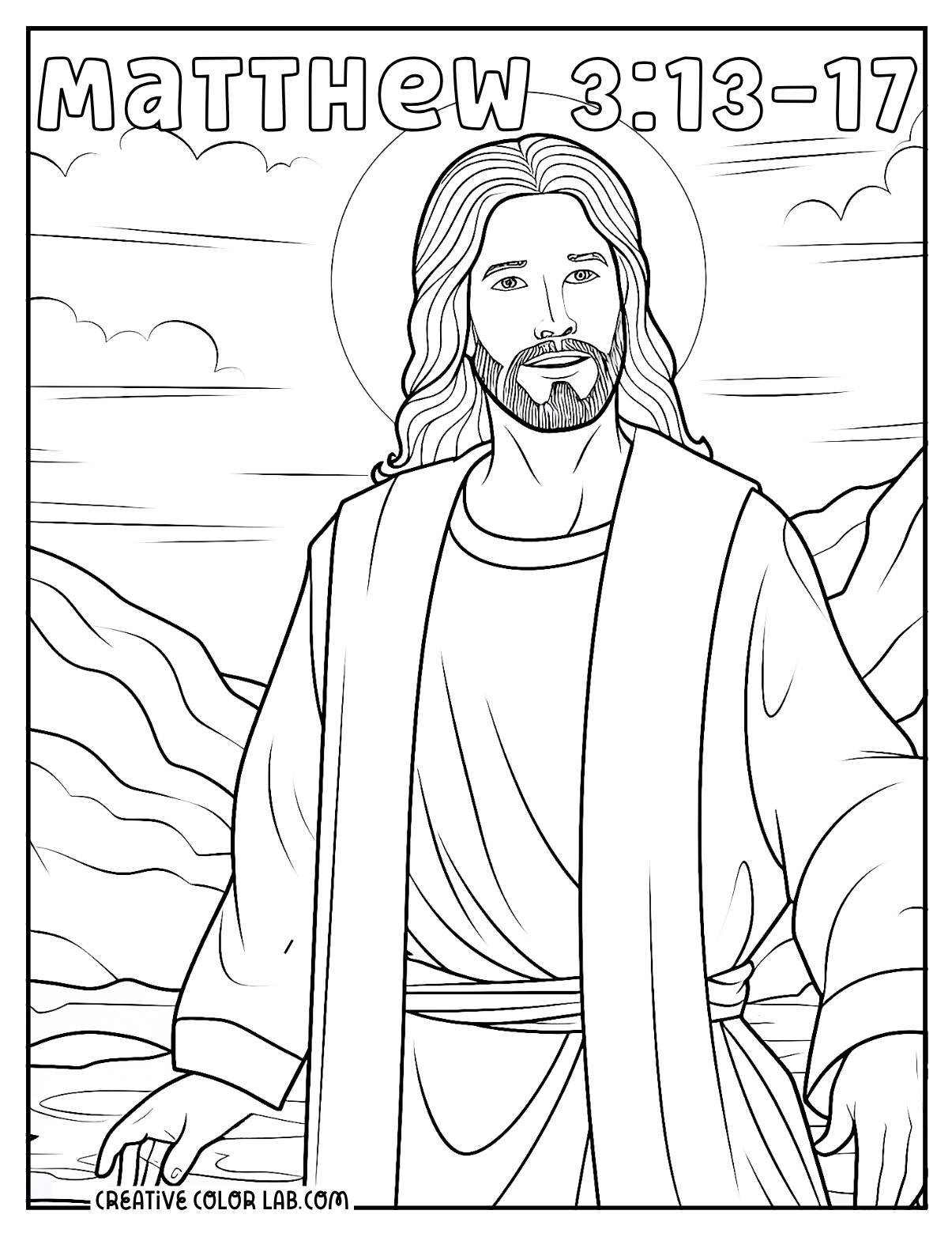 Matthew 3:13-17 Jesus baptism at the Jordan river coloring page.