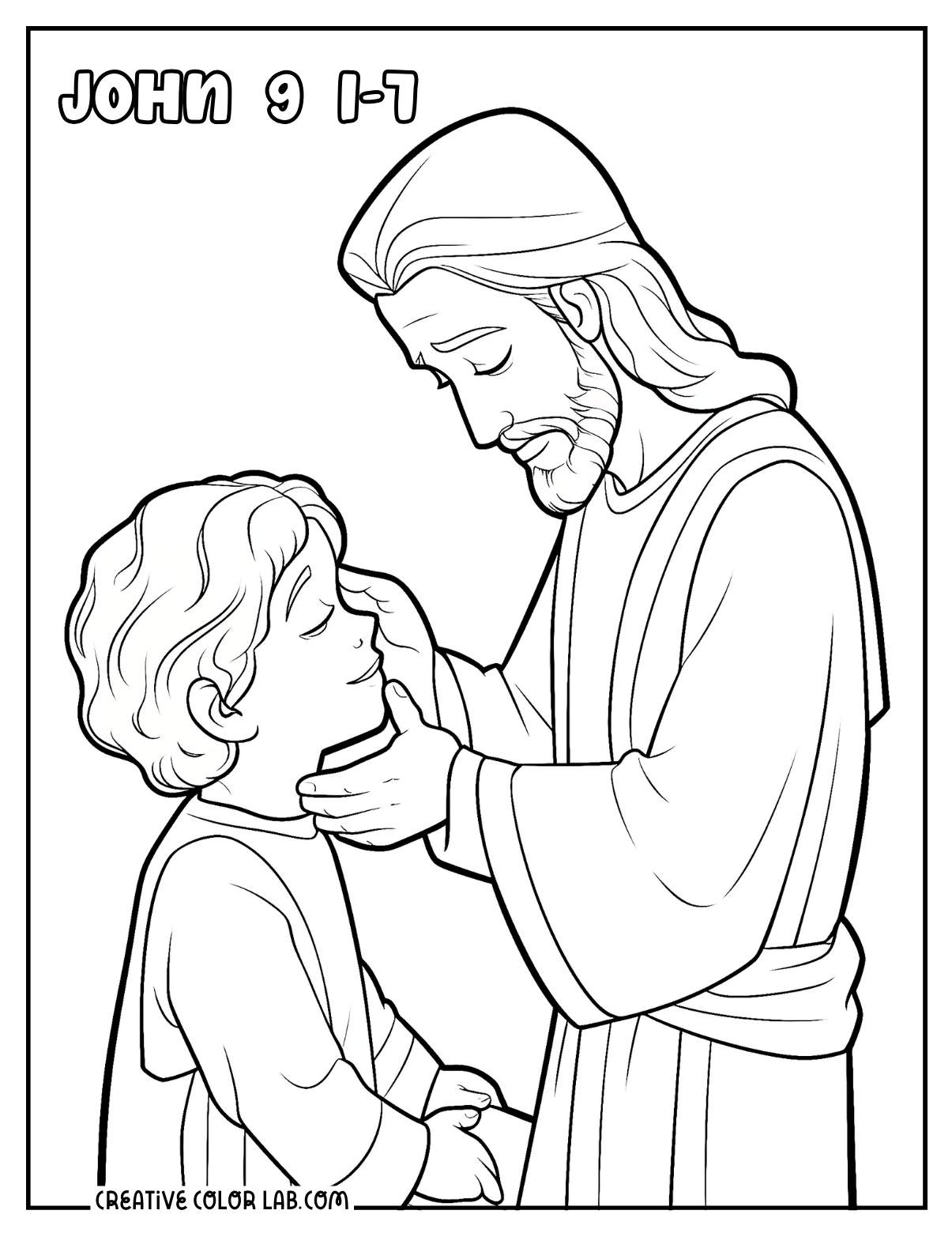 Jesus cures the blind John 9 1-7 coloring sheet.