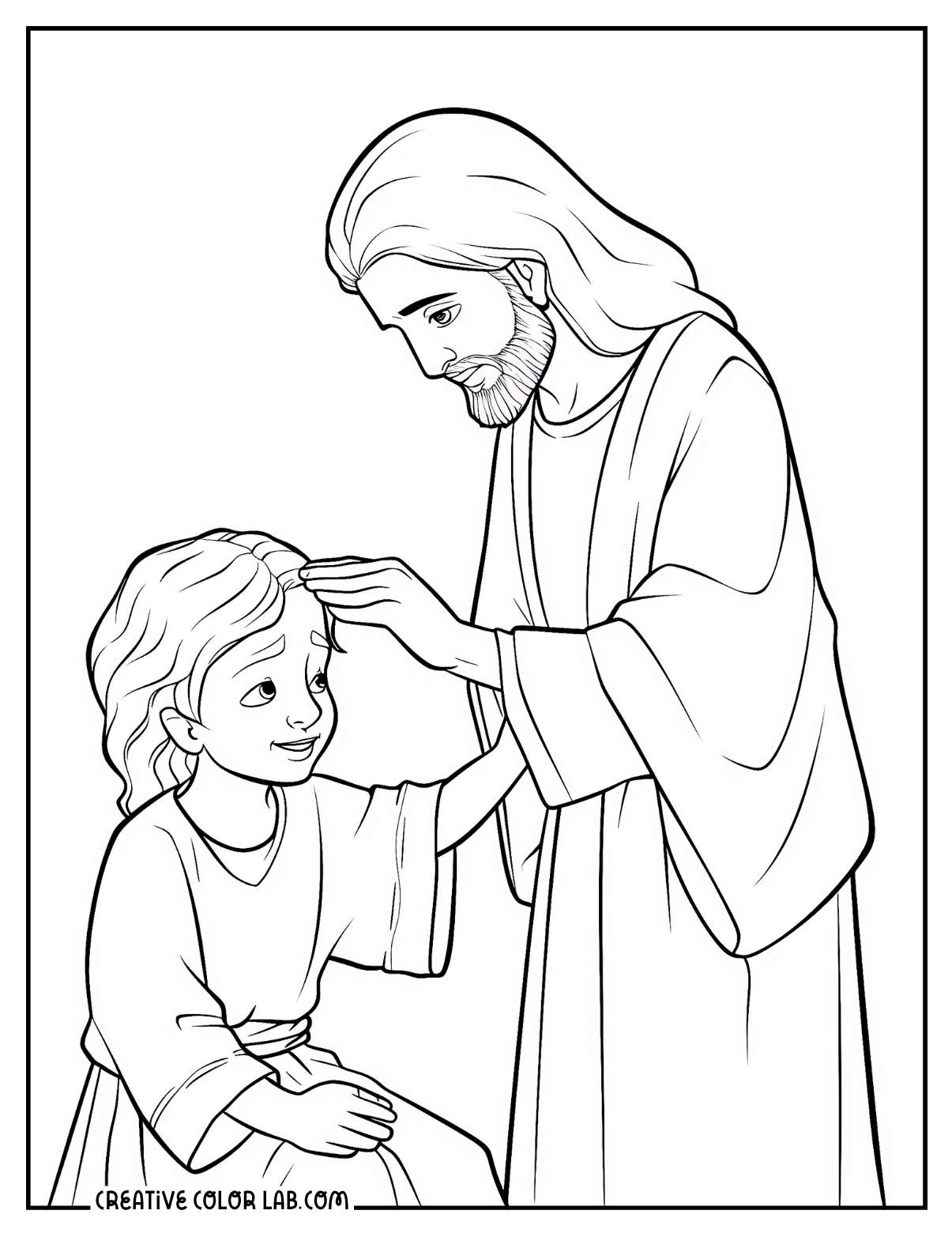 Jesus heals a blind boy coloring sheet for kids.