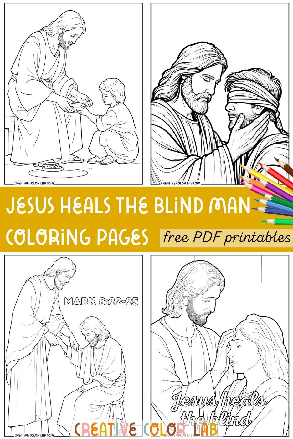 Collection of Jesus heals the blind man coloring pages to download.