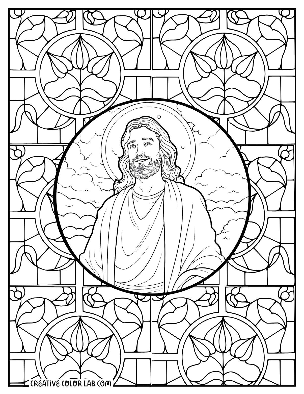 Portrait of Jesus with stained glass windows to color for adults.
