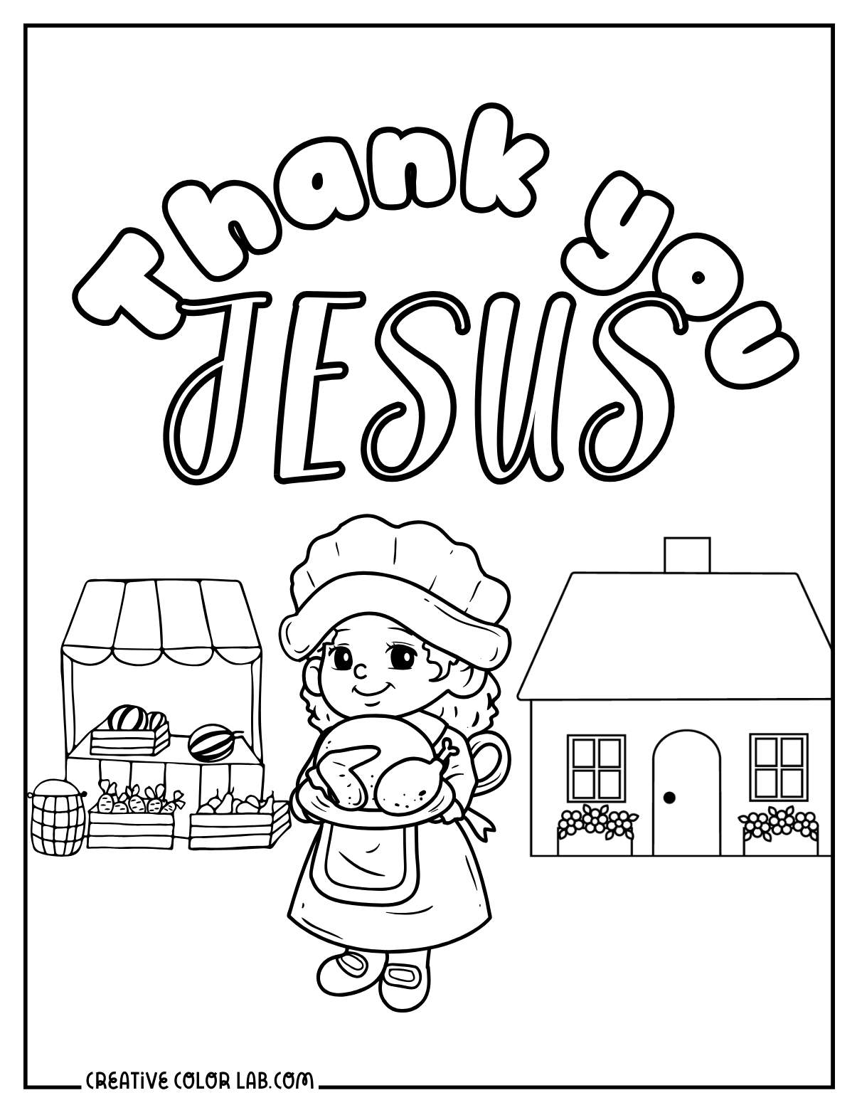 Pilgrim girl holding a turkey for Jesus thanksgiving coloring page for kindergarten.