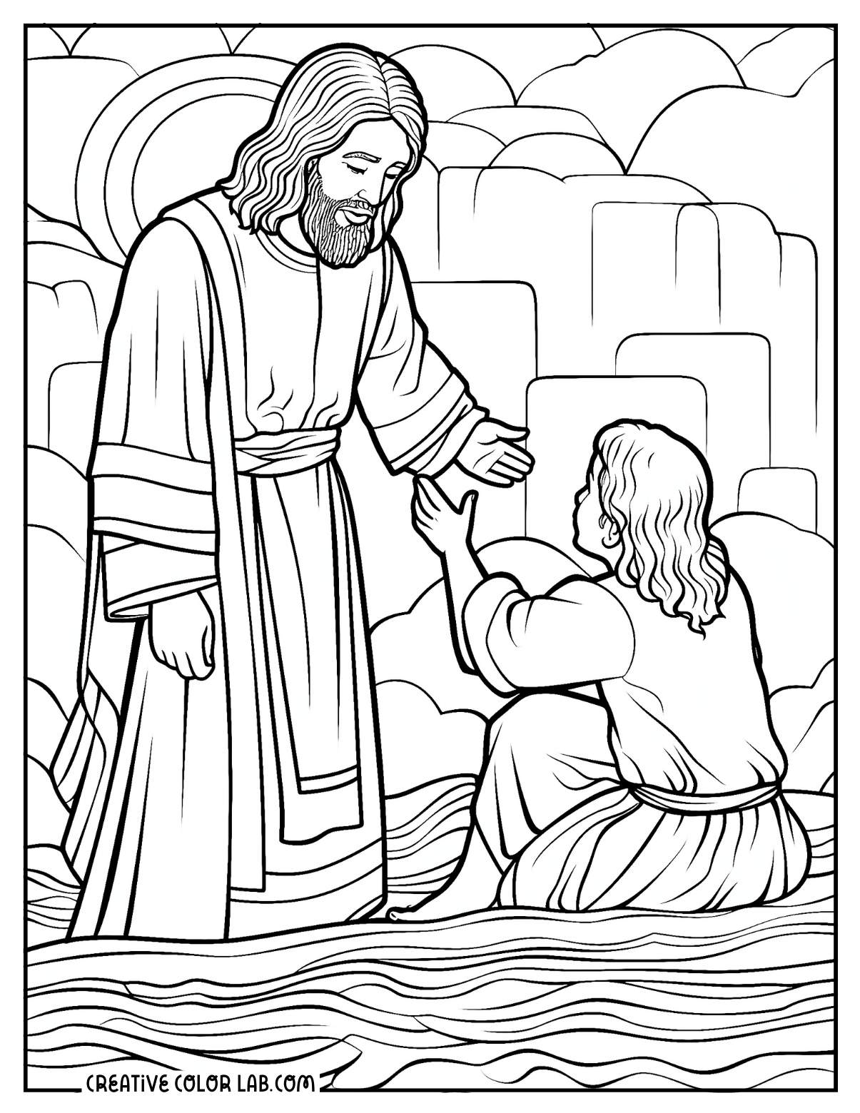 John the Baptist baptizing Jesus in the Jordan river coloring page.