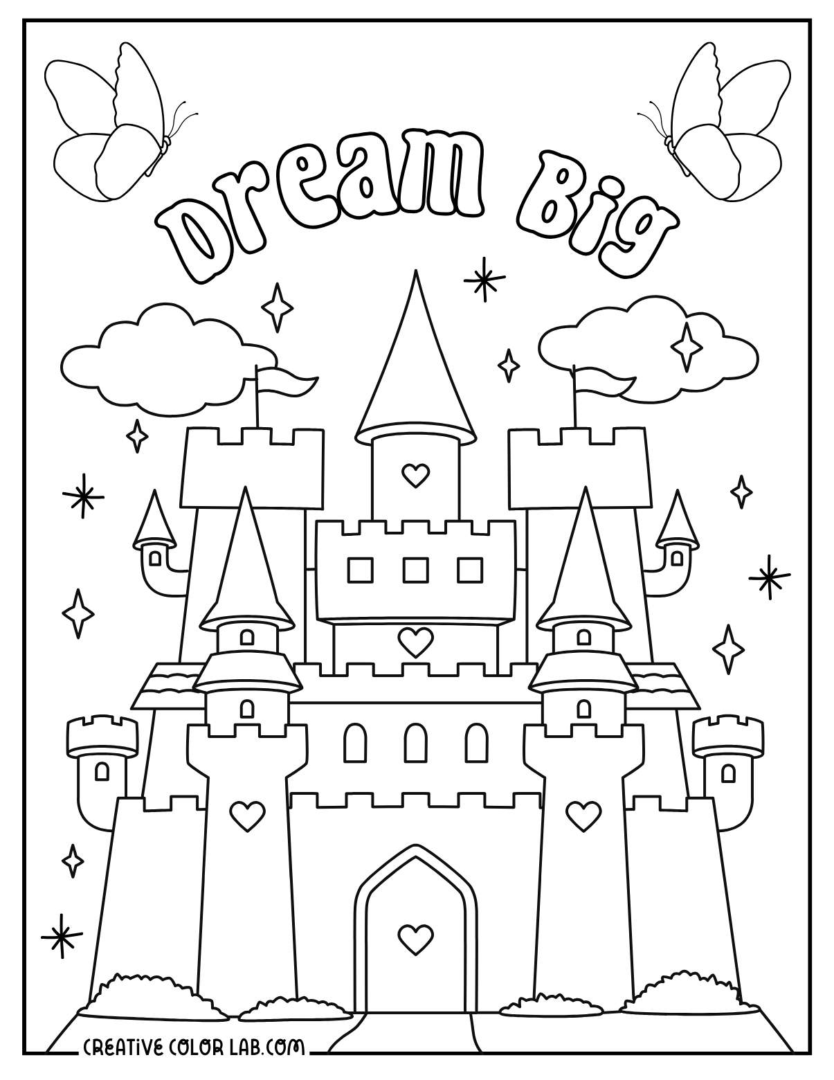 Castle coloring page for kids about dreaming big.