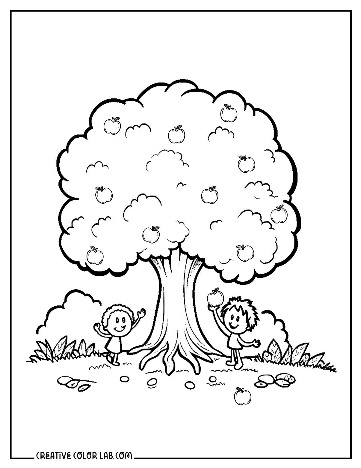 Kids picking apples from tree coloring page.
