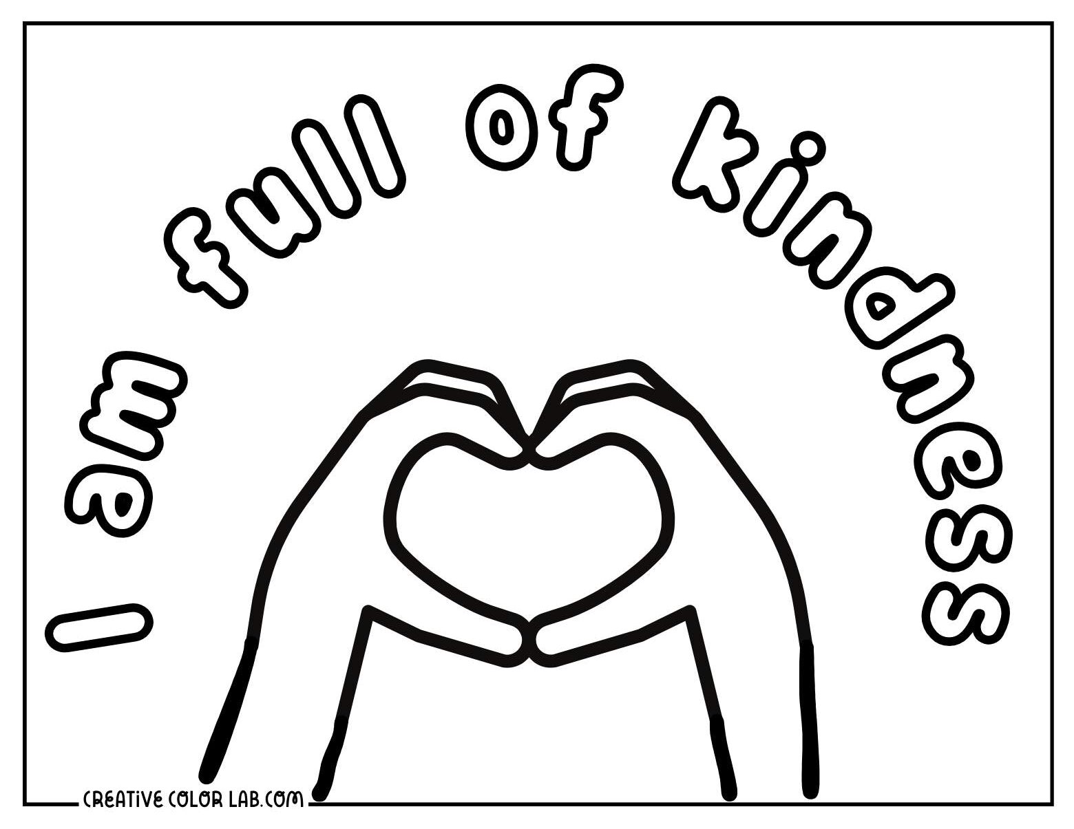 Heart shaped hands with kindness affirmation coloring page for kids.