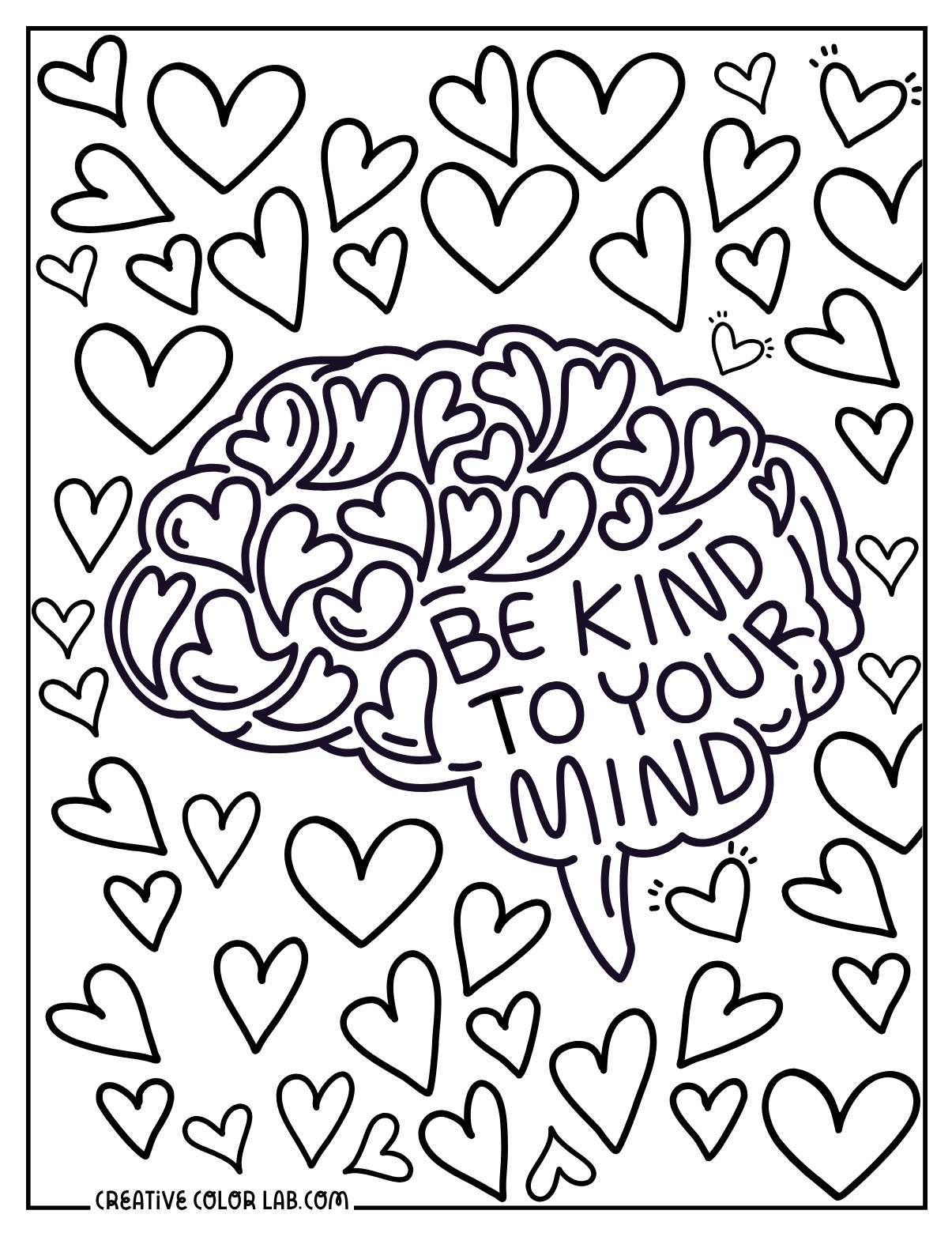 Kindness coloring page about mental health with heart doodles.