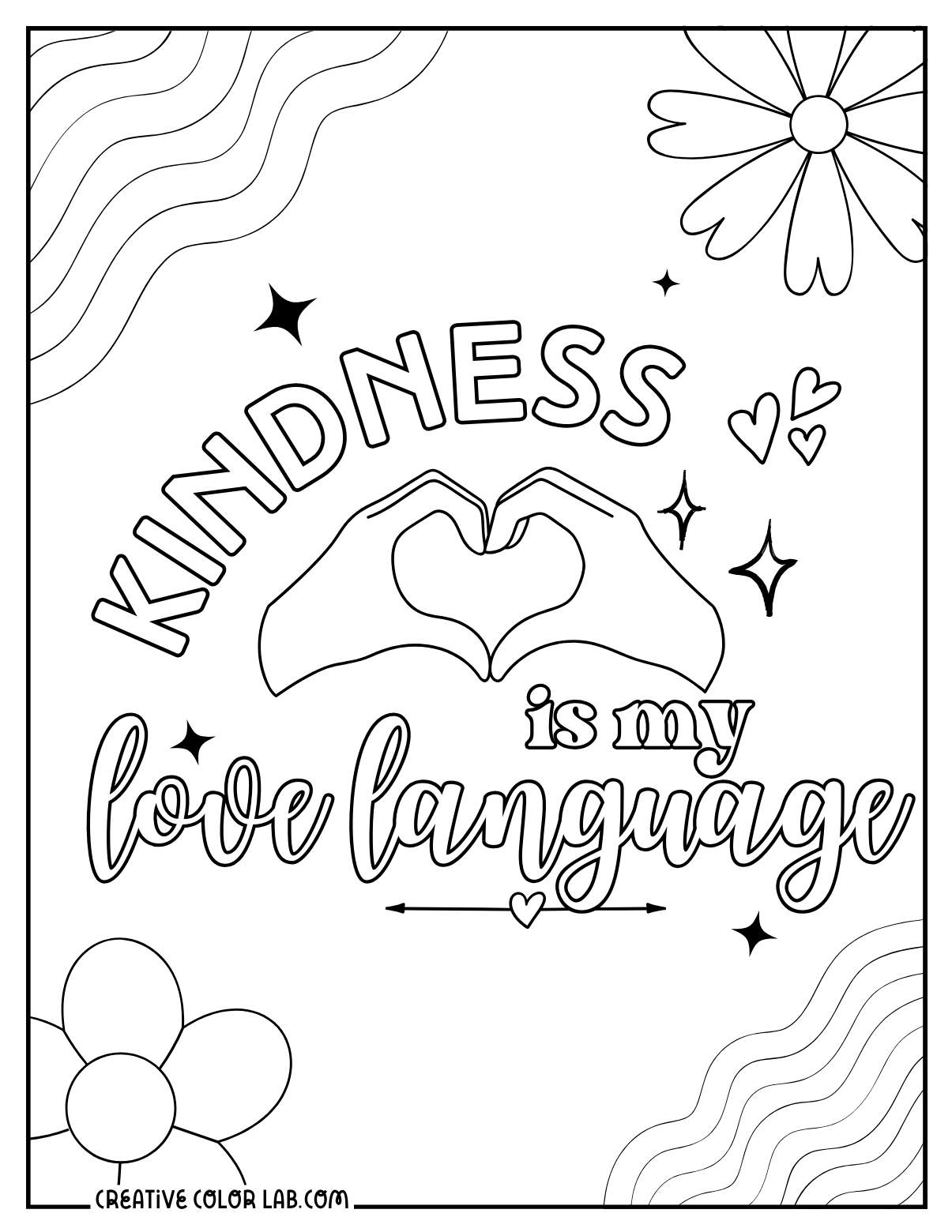 Kindness is my love language coloring page with doodles.